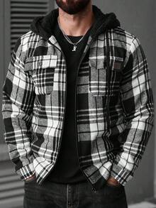 Manfinity Homme Men's Long Sleeve Casual Plaid Thermal Thermal Lined Hooded Overcoat, Autumn/Winter - Black and White - View 4