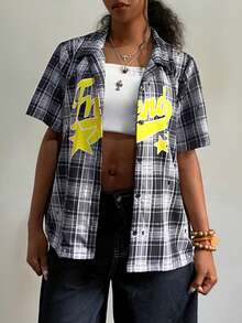 StreetHx Women's Fashionable Multi-Color Plaid Print Short Sleeve Shirt - Black - View 4