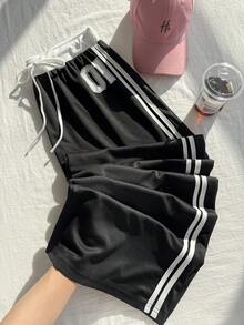 SHEIN EZwear 大尺碼女款數字印花抽繩腰寬腿休閒牛仔褲，適合返校、騎行、辦公、正式場合與度假，黑白配色，秋季款 - 黑色 - 查看 10
