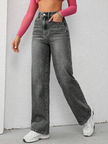 SHEIN EZwear 女士宽松直筒加厚口袋休闲牛仔裤，适合感恩节和圣诞节穿着。 - 灰色 - 查看 6