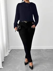 Elenzga 大码女式休闲系带纯色衬衫 - 藏蓝色 - 查看 3