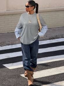 Muchica 女士新款灰色拼接蓝色条纹圆领宽松长袖T恤，春夏款 - 灰色 - 查看 5