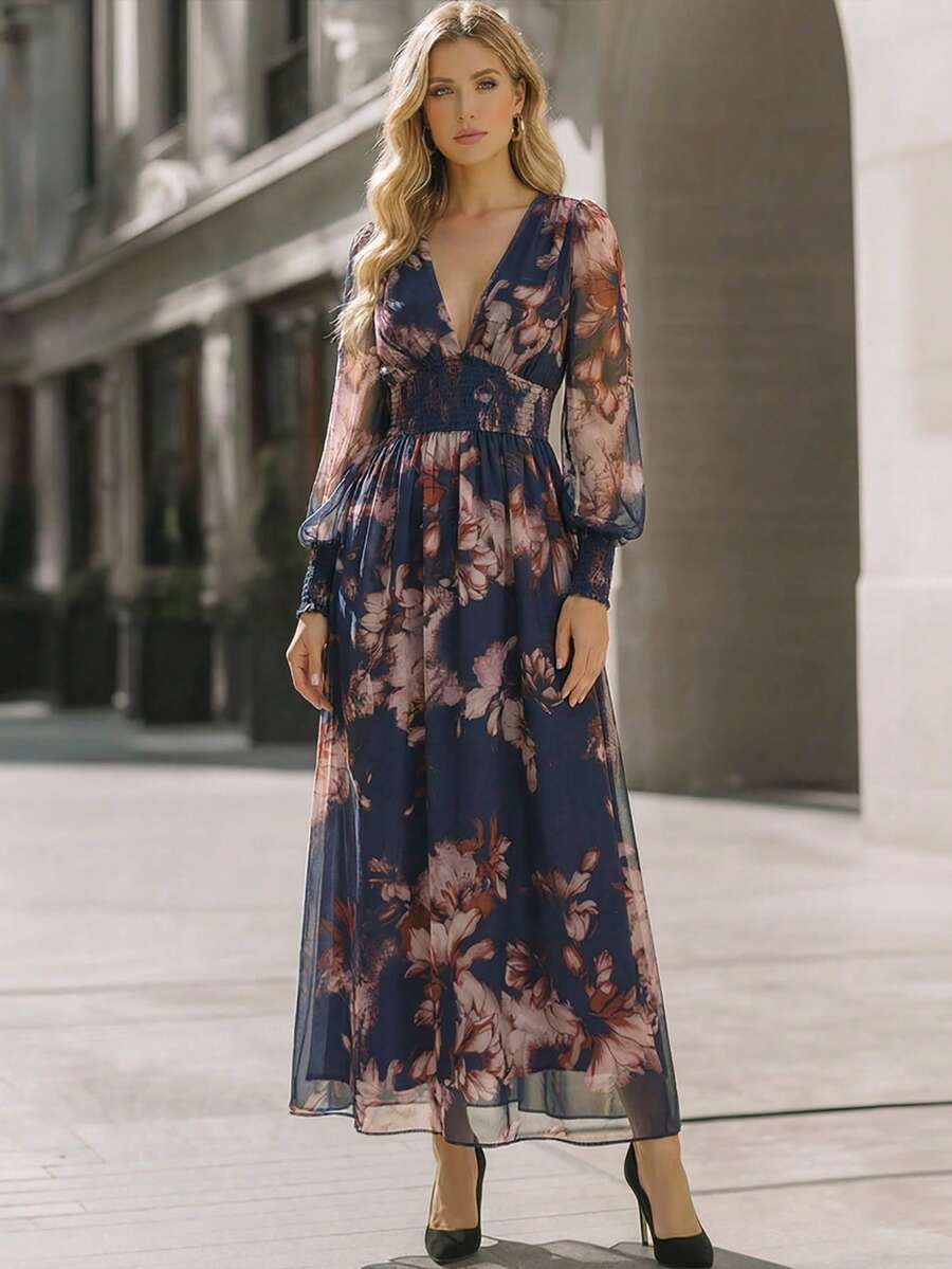 EMERY ROSE Robe élégante pour femmes avec col en V profond, tricot torsadé, taille fluide, imprimé floral semi-transparent et manches évasées - Multicolore - Voir 1