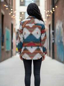 Mujer Chaqueta-Camisa Estilo Casual Vibrante con Patrón Geométrico Corte Amplio Manga Larga Temporada Otoño-Primavera Uso Informal - Azul - Ver 2