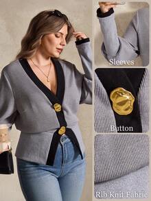 Elegantrix Plus Size Women Colorblock Waist Trim Casual Cardigan Top, Autumn/Winter - Grey - View 3