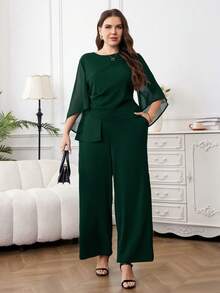 Reflora 大码纯色简约圆领长袖上衣和裤子两件套 - 綠色 - 查看 4