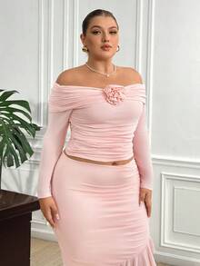 Truni 女士秋季服装，冬季加大码优雅纯色3D花卉装饰露肩T恤 - 粉色 - 查看 3