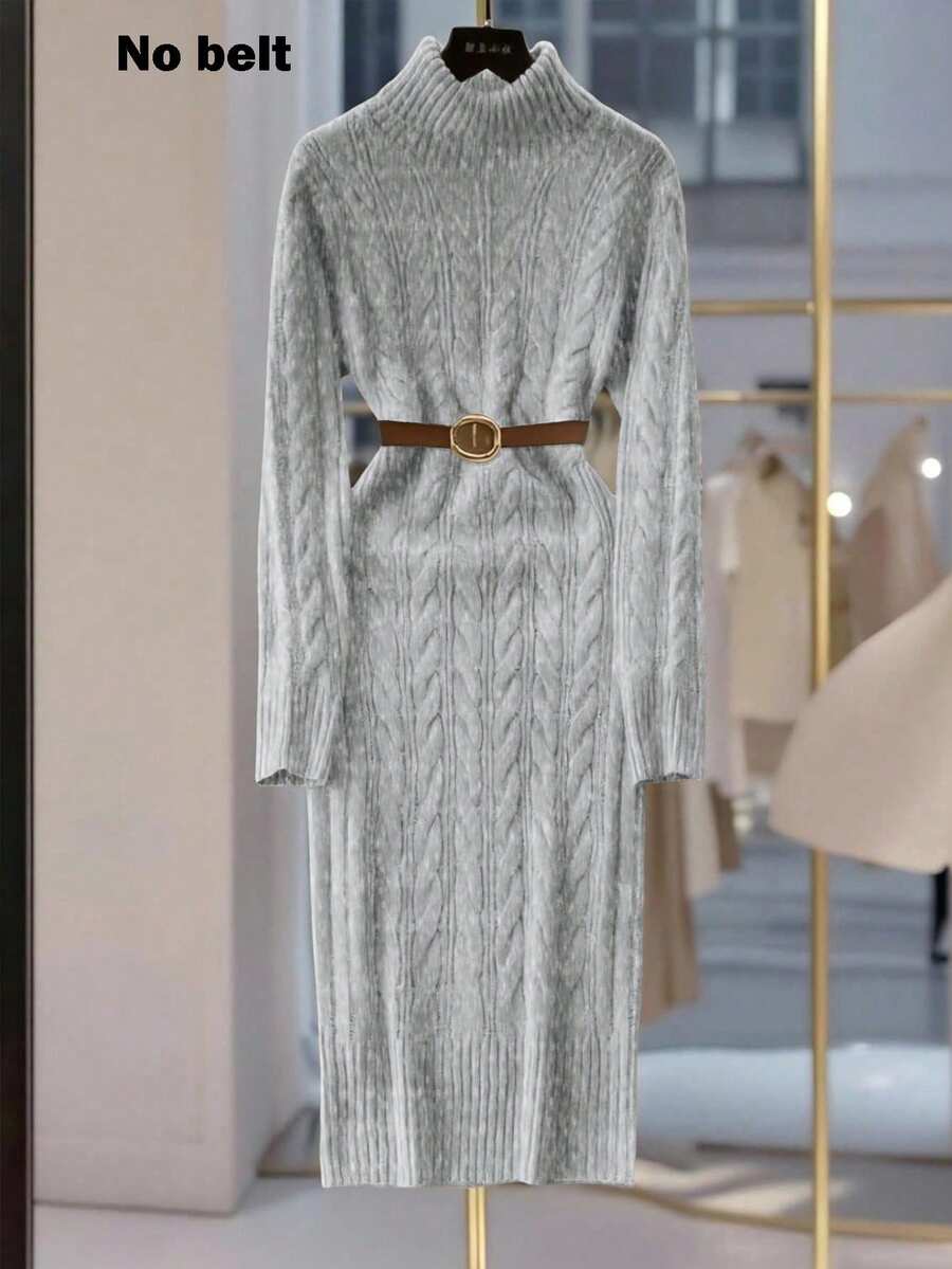 SHEIN Franclia 新款秋冬欧美休闲高领修身中长针织毛衣连衣裙 - 淺灰色 - 查看 1