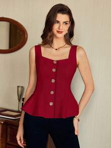 Vintamour 复古经典优雅女士衬衫，金属花朵纽扣无袖白色衬衫，春夏款 - 酒紅色 - 查看 7