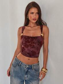 Aloruh Women's Burgundy Summer Elegant Draped Neck Metal Buckle Decor Jacquard Knit Cropped Tank Top,Seductive Party Night Tops - Burgundy - View 3