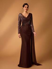 Serin 优雅奢华的咖啡色重工刺绣珠片拼接弹力针织网纱薄纱袖美人鱼褶皱荷叶边连衣裙，适合婚礼、派对、度假、新娘、新娘母亲晚礼服 - 咖啡棕 - 查看 5