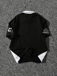 PAVTROS 男士撞色拼接短袖半开襟时尚夏季Polo衫 - 黑與白 - 查看 2