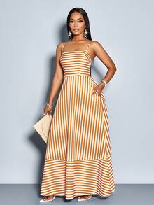 SOLERSUN فستان ماكسي مخطط مع أربطة الكتف، جيوب، وتجميع الصدر، مناسب للعطلات، الشاطئ، التنقل، والارتداء اليومي العادي (زهور عشوائية) - لون برتقالي - مشاهدة 6