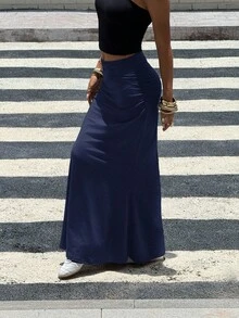 SHEIN Teen Girls' Navy Blue Solid Color Pleated Mermaid Maxi Skirt, Casual & Minimalist Long Skirt Navy Blue Skirt Skirt Long