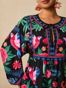 Travachic 大码女式热带花卉印花连衣裙，圆领系带蝴蝶结长袖短款连衣裙 - 彩色 - 查看 5