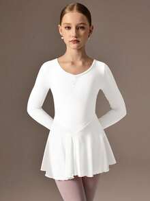 SHEIN 少女长袖粉色芭蕾舞裙，圆领前片褶皱设计，后背可爱蝴蝶结，柔软轻盈的网纱裙摆，裆部按扣设计，高弹亲肤，适合舞蹈、瑜伽和运动穿着。 - 白色 - 查看 2