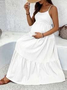 Maternity Solid Color Bowknot Decor Cami Dress - White - View 6