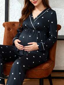 Moonlight&Mama 2pcs Heart Print Trim Nursing Maternity Long Sleeve Pajama Set