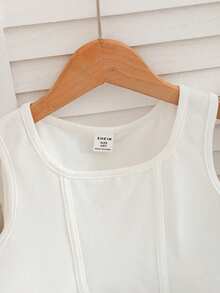 Tween Girl Casual Vacation U-Neck Ribbed Tie-Up Curved Hem Solid Knit Elastic Sleeveless Top And Striped Wrap Skirt Shorts Set - Multicolor - View 3