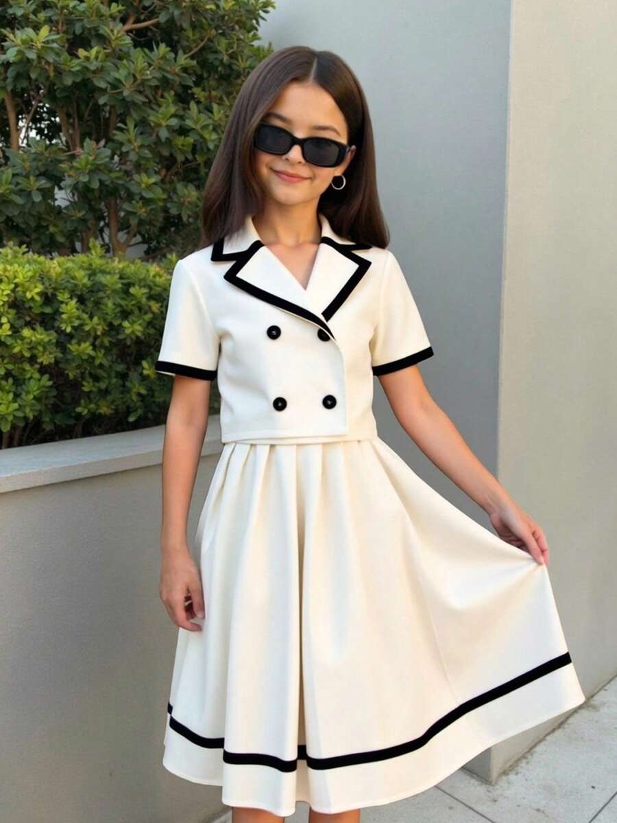 SHEIN بدلة كاجوال للمراهقات تتكون من بليزر قصير أكمام بلون المشمش مع تصميم ألوان متباينة وتنورة مصنوعة من القماش المطوي، مناسبة للمناسبات والتجمعات - متعدد الألوان - مشاهدة 1