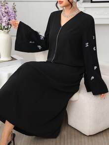 Al Najma Women's Elegant Arabic Style Long Sleeve Black Butterfly Mesh Stretch Dress, Autumn/Winter - Black - View 7