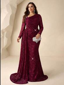 Coutiva Đầm dạ hội cỡ lớn mùa thu đông thanh lịch với ren, đính sequin và thêu, cổ áo bất đối xứng (gia công tỉ mỉ), tay dài, thiết kế xếp ly ở gấu váy, dáng đuôi cá, thích hợp cho tiệc tối trang trọng, dự đám cưới, dạ hội, lễ tốt nghiệp, lễ nhập học. - Màu Đỏ Sâu - Xem 6
