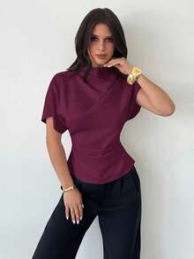 Firerie Crinkle Collar Asymmetrical Sleeve Side Ruched Cinched Waist Commuter Apricot Bamboo Linen Fabric Women Shirt, All Season - Red Violet - View 4