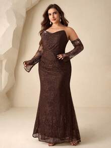 Coutiva Plus Size Luxury Evening Gown, Beaded High-End Formal Dress, Elegant Dignified Party Dress Valentines Dress Elegant Dress Sequin Dress Floral Dress Luxury Chocolate Brown Dress Brown Formal Dress Brown Dresses Classy Elegant Brown Wedding Guest Dress Brown Bridesmaid Dress Brown Elegant Dress Brown Lace Dress  Graduation Ceremony, School Opening, Music Festival, Birthday Party, Wedding, Afternoon Tea Gathering, Ball - Khaki - View 7