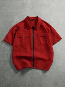 PAVTROS 男士休闲百搭纯色短袖衬衫 - 紅色 - 查看 1