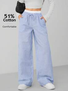 SHEIN PETITE Autumn Blue Striped Contrast Waist Woven Women's Trousers - Baby Blue - View 8