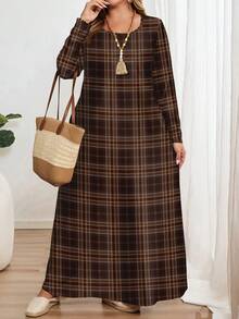 EMERY ROSE Plus Size Vintage Plaid Print Long Sleeve Round Neck Dress, Suitable For Autumn/Winter Spring Fall - Multicolor - View 5