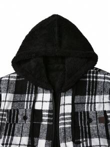 Manfinity Homme Men's Long Sleeve Casual Plaid Thermal Thermal Lined Hooded Overcoat, Autumn/Winter - Black and White - View 3
