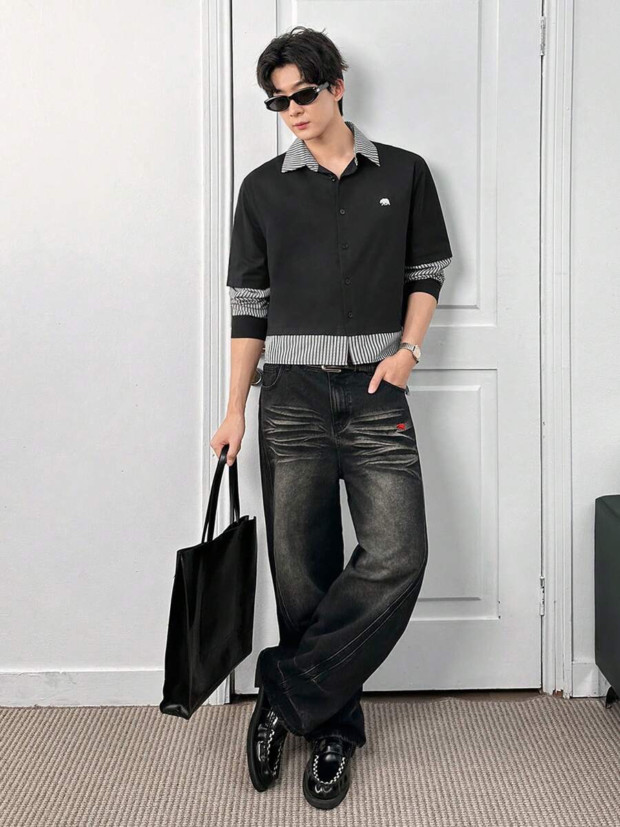 Manfinity BRENVOR Camisa casual de hombre con ajuste holgado, cuello con parche de color contrastante y botones abajo - Negro - Ver 1
