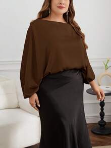 SHEIN Privé Áo kiểu nữ cỡ lớn màu trơn tay cánh dơi, kiểu dáng thanh lịch, vai lệch. - Lạc đà - Xem 7