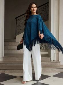 ZEYLAH 女士船领蝙蝠袖奢华提花流苏拼接外套 - 藏蓝色 - 查看 5