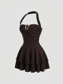 Sweetra 春夏新款设计感十足的高街优雅复古性感修身镂空露背吊带连衣裙，优雅百搭，舒适休闲，适合派对、聚会等各种场合，棕色女装 - 棕色 - 查看 3