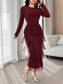 Modelyn Elegant Tassel Decor Solid Color Round Neck Long Sleeve Fitted Dress For Women Maroon Dress Fringe Dress Red Wine Dress Long Sleeve Elegant Dress - Burgundy - View 5