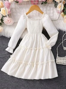 Elladie kids Girls' Solid Color Square Neck Puff Sleeve Shirred Waist Ruffled Hem French Style Sweet Midi Dress - Apricot - View 4