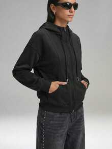 SHEIN EZwear Women's Casual Black Front Zipper Long Sleeve Hooded Sweatshirt With Pockets Graduation,Back To School Outfits,Graduation,Teacher Outfits For Women,Back To School In Fall/Winter - Black - View 5