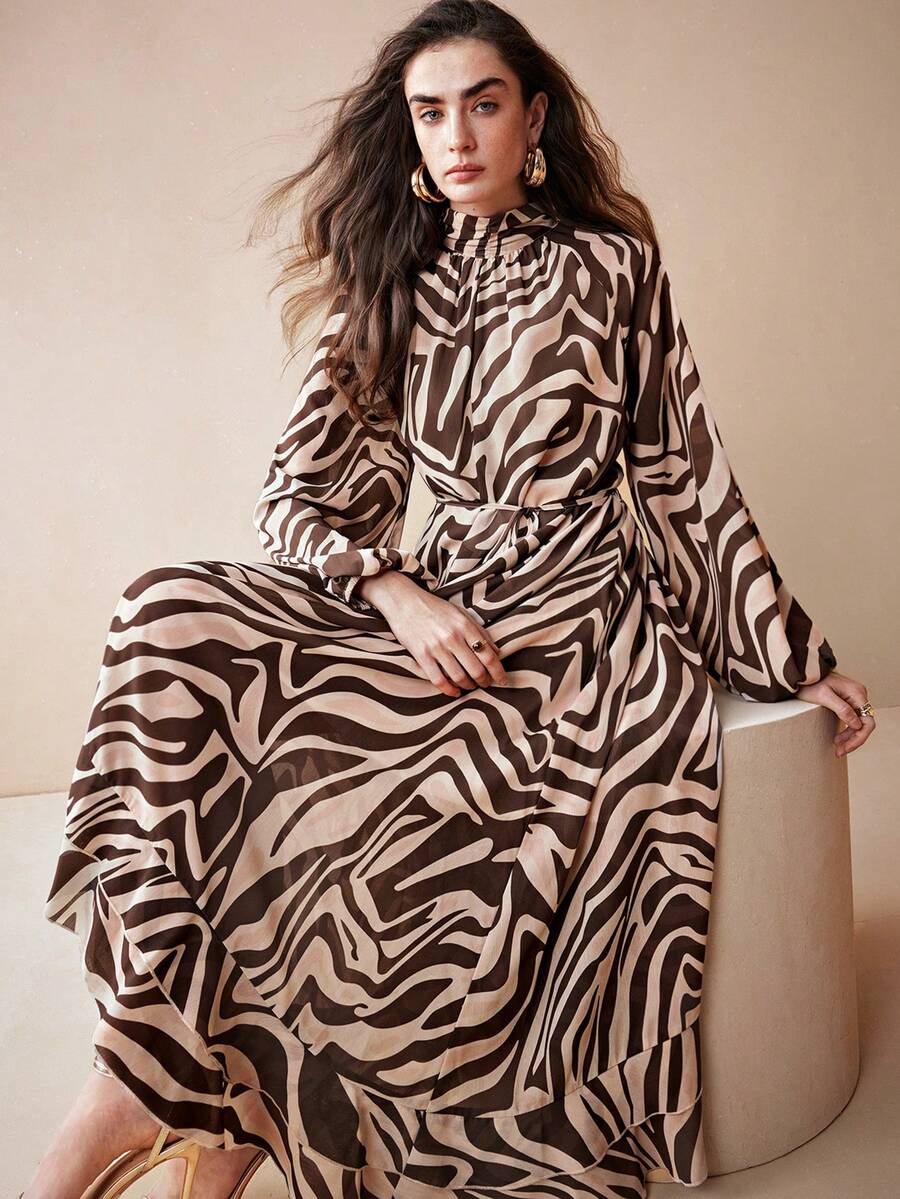 Arave Damen Chiffon Sommer Gewebe Neuer Französischer Feenstil Laternenhülse Langarm Vintage Nische Lässig Resort Pendler Maxikleid, Urlaubsoutfits Damen, Geburtstagsoutfits Damen, Elegante Kleider Damen, Boho Kleid, Old Money Stil Damen, Urlaubskleider, Fließendes Kleid, Herbstkleider Damen, Bescheidene Kleider Damen, Fairycore, Klassische Outfits Damen Maillard Stil Zebra Streifen Druck - Verschiedenfarbig - Übersicht 1