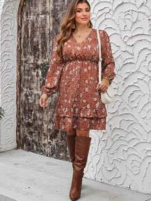 SHEIN LUNE Große Größen V-Ausschnitt Blume Muster Boho-Stil Langarm Kleid, perfekt für Thanksgiving, Silvester und Feiertage - Verschiedenfarbig - Übersicht 5