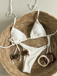 Swim Mod Women's Textured Beaded Halter Bikini Set, Spring/Summer - Beige - View 1