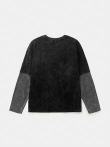 SWAVVY Áo thun nam dài tay cổ tròn, dáng thường ngày, màu đen phối đen, cổ áo bo gân, thích hợp cho mùa xuân/thu. - màu đen - Xem 8