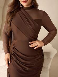 Coutiva 大码女式纯色撞色网纱荷叶边侧开衩下摆优雅正式晚礼服（重工装饰） - 棕色 - 查看 6