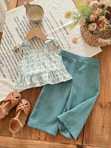 SHEIN 女宝宝度假休闲可爱吊带背心和松紧腰裤套装 - 綠色 - 查看 4