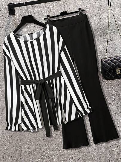 GlowEve CURVE Conjunto casual de talla grande de mujer con camisa de manga larga con hombros caídos a rayas y pantalones acampanados de 2 piezas