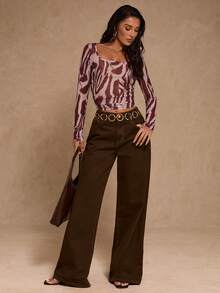 Glamine Ink Dye Mesh Print Square Neck Sheer Women Long Sleeve T-Shirt Cowgirl Top Square-Neck Mesh Fitted Longline Sleeveless Top Spring/Autumn  Night Out Elegant Sexy Party Occasion Elegant Holidays Zebra Print Top Patterned Long Sleeve Top - Multicolor - View 5