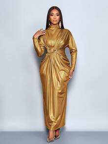 SOLERSUN Váy dự tiệc thu/đông cho nữ, vải dệt kim bóng, kim sa vàng, cổ cao, cổ đứng, tay áo trễ vai, tay dài, nút kim loại, trang trí, xếp nếp, khóa kéo sau, viền rộng, váy maxi - Vàng - Xem 8