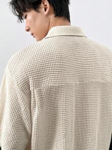 Manfinity BRENVOR Men's Solid Color Drop Shoulder Short Sleeve Front Button Hollow Out Jacquard Knit Shirt - Beige - View 3