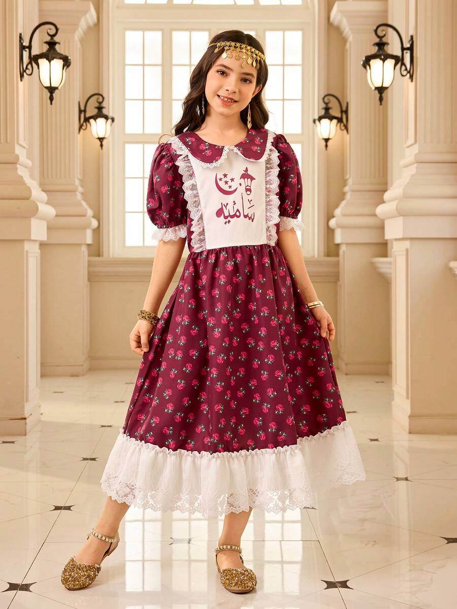 Đầm ngắn tay cổ bèo họa tiết hoa nhí cho bé gái, họa tiết hoa đỏ trên nền đỏ. - Nhiều màu - Xem 1